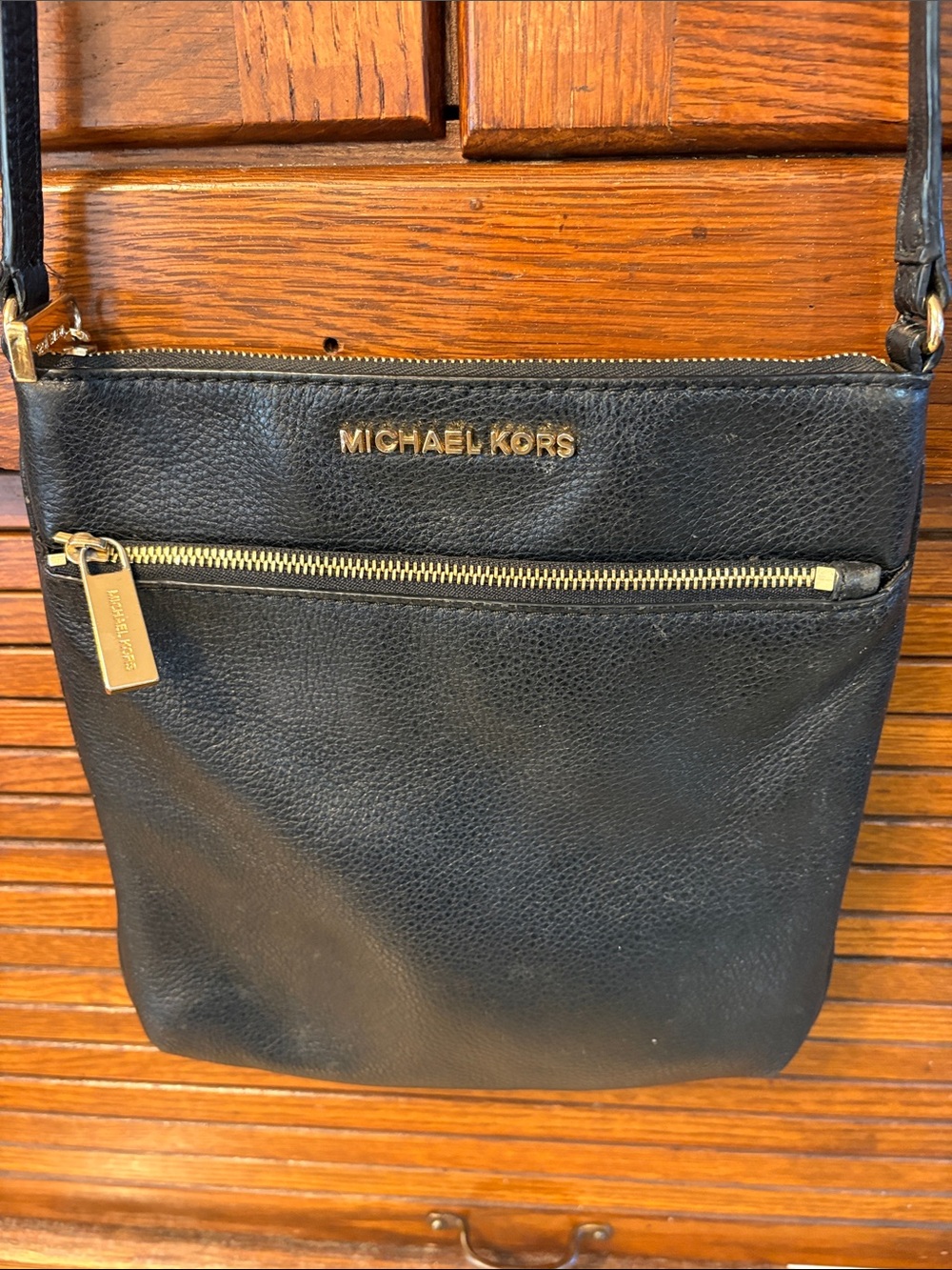 Michael Kors Black Pebbled Leather Crossbody with Gold Hardware